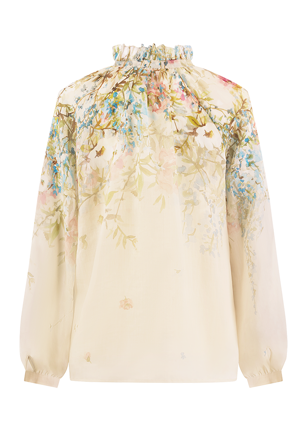 Bluse, Blumenmuster, Langarm, Rundhalsausschnitt, Weiß