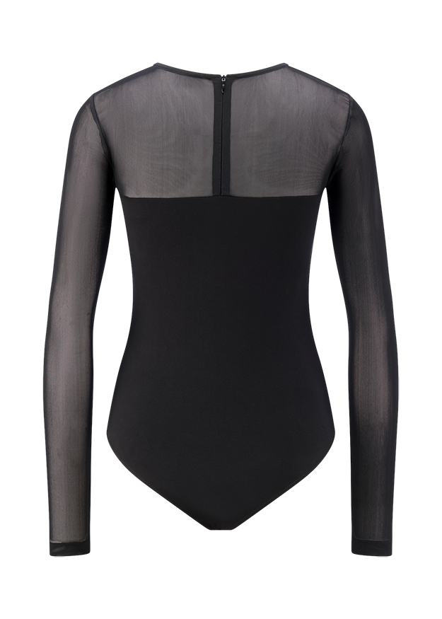 Body, Langarm, Mesh-Einsatz, Schwarz, Rückenreißverschluss