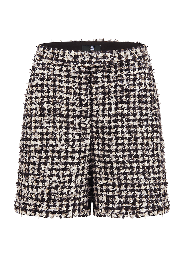Shorts, Hahnentrittmuster, Schwarz-Weiß, Tweedstoff, Fransendetails