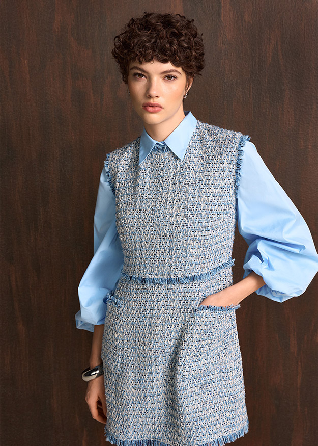 tweed, weste, pinafore, blau, gestuft