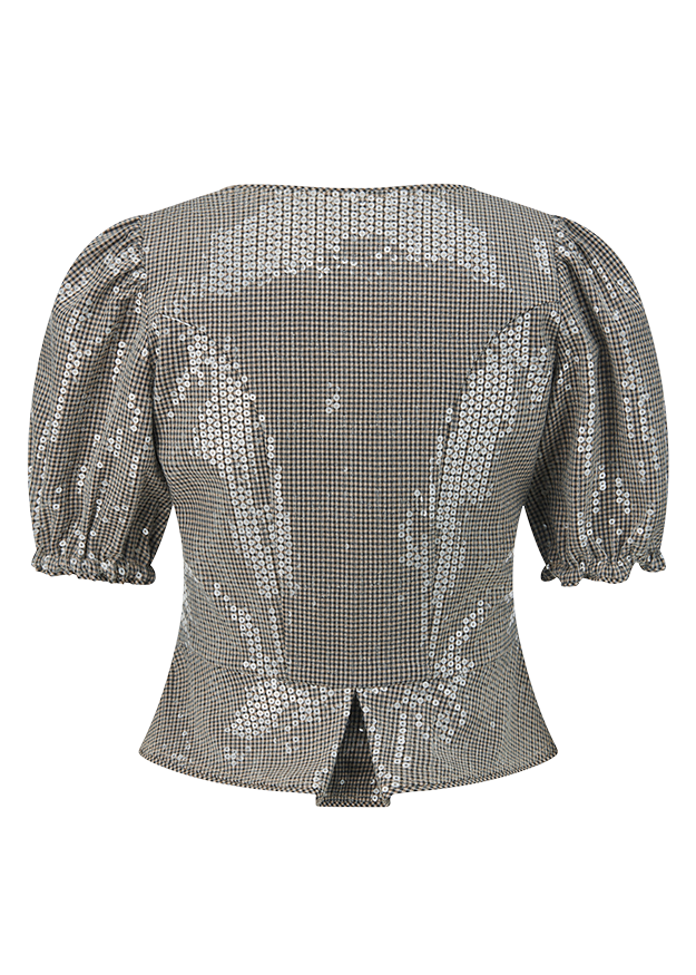 Sequin-Top, Puffärmel, Körpernah, Metallischer Stoff, Geometrisches Muster
