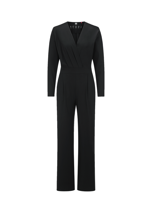 Overall schwarz, schwarzer Overall, Wrap-Top, Pleat-Waist, lange Hose