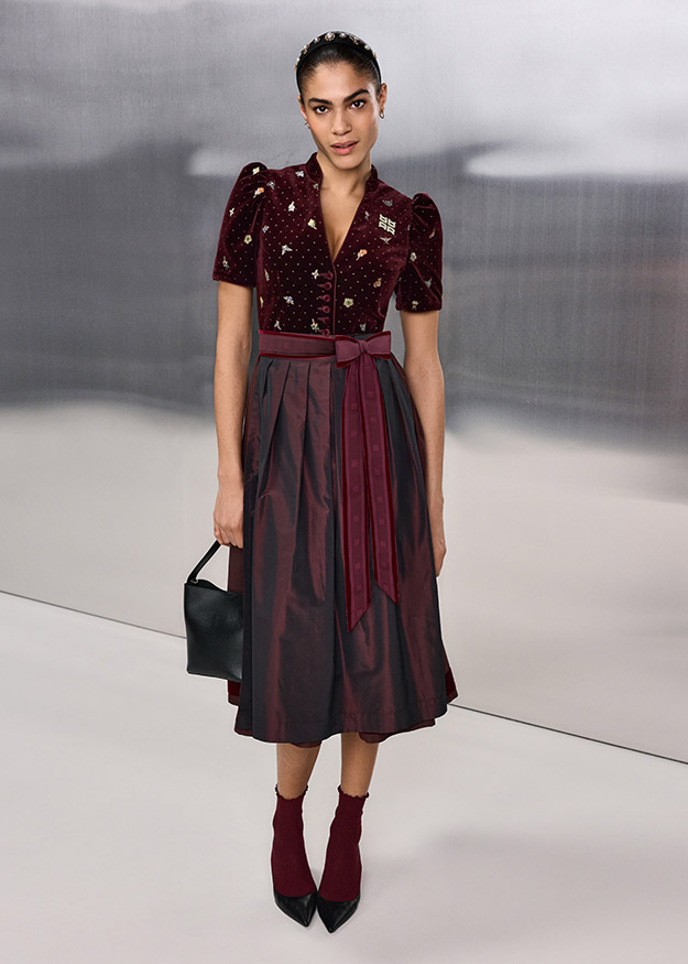 Kleid, Midi-Kleid, Puffärmel, Burgunderrot, Samt-Look