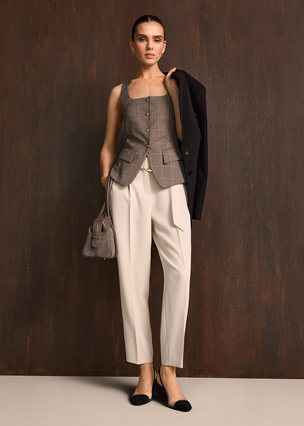tailored vest, checkered pattern, waistcoat, cream trousers, black jacket
