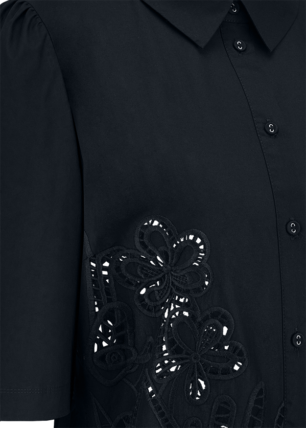 Bluse, dunkelblau, Blütenornament, Spitze, Knopfleiste