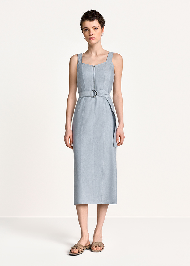 Kleidung, Midi-Kleid, Ärmelloses Kleid, Gürtel, Slipper