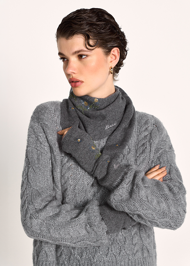 grau Hoodie, Kabel-Strick, Wollpullover, Kunst?, Schal?