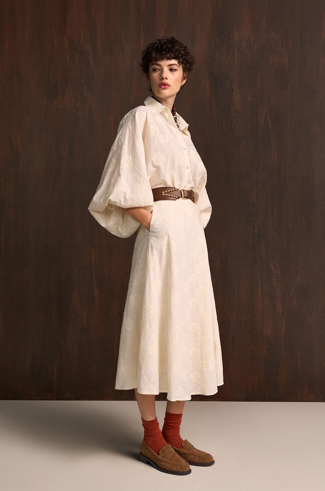Kleid, Midi-Kleid, Spitzenmuster, Ballonärmel, Gürtel