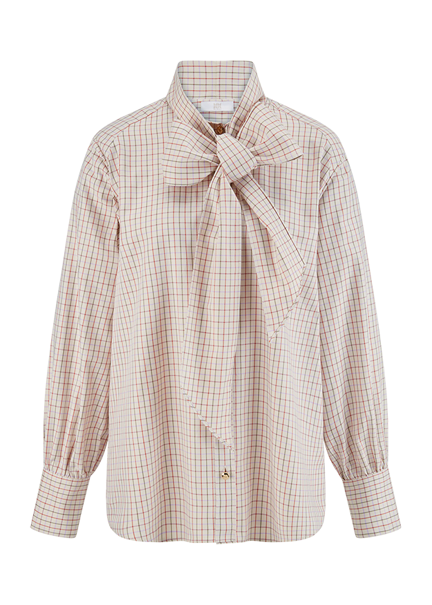Bluse, Karo, Halsausschnitt mit Schleife, Knopfleiste, Langarm