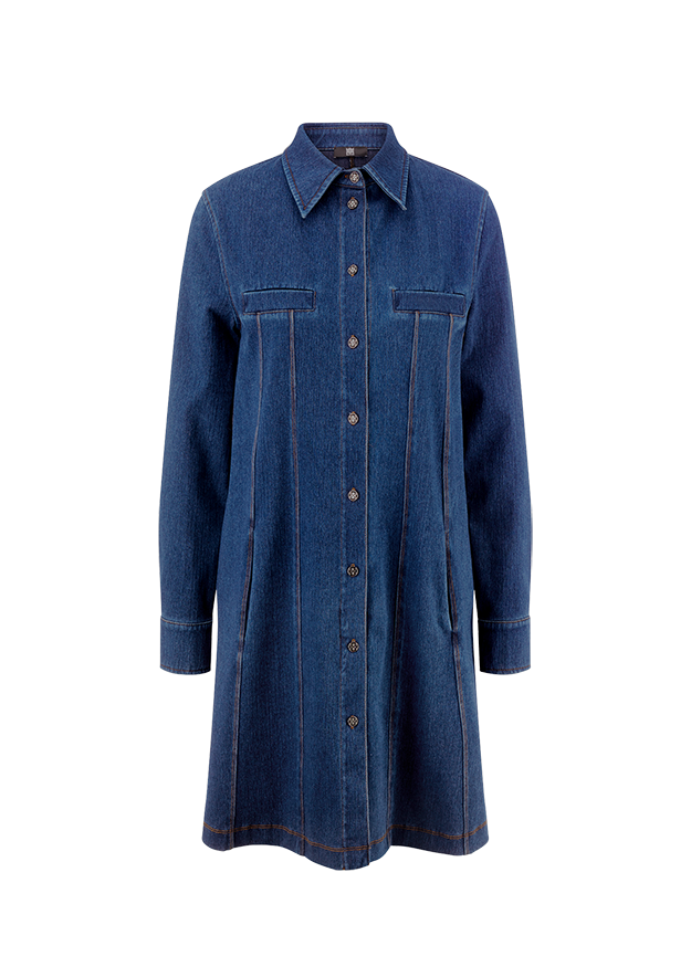 jeanskleid, denim, knopfleiste, langarm, pocket
