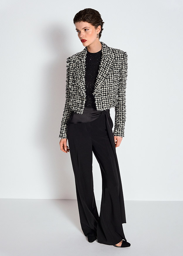Blazer, Tweed, Jacke, Schwarz, Weite Hose