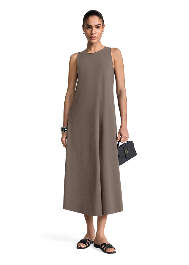 gesamtlook, ärmelärmeloses kleid, midi kleid, einfarbig, taupe