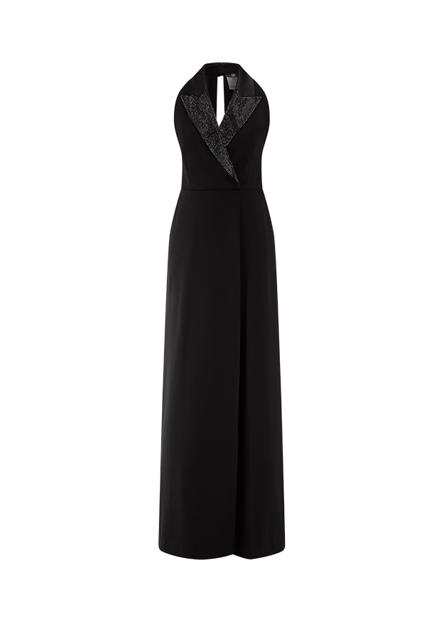 Schwarzer Jumpsuit, Ärmellos, Weites Bein, Glitzerrevers, V-Ausschnitt