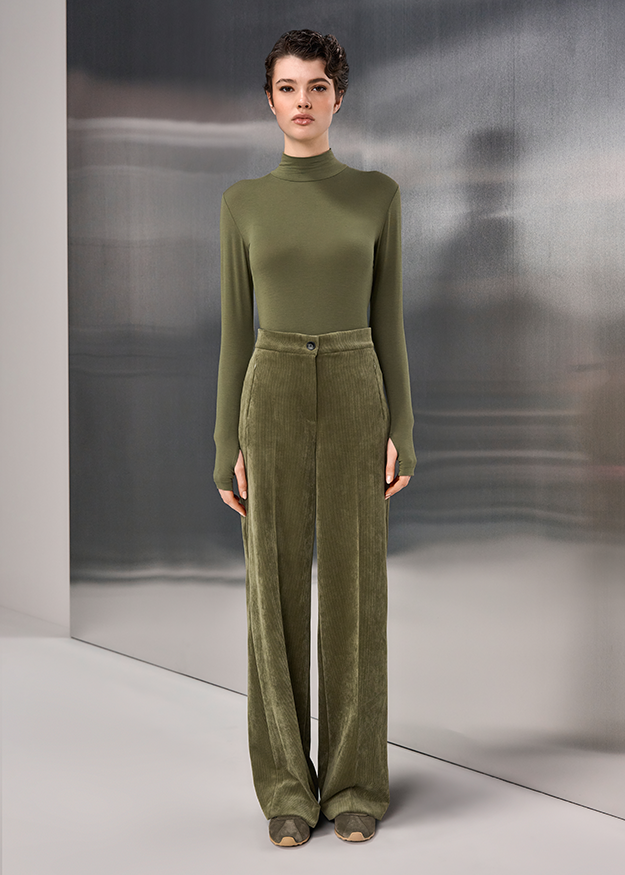 turtleneck, long-sleeve, olive, velvet, wide-leg
