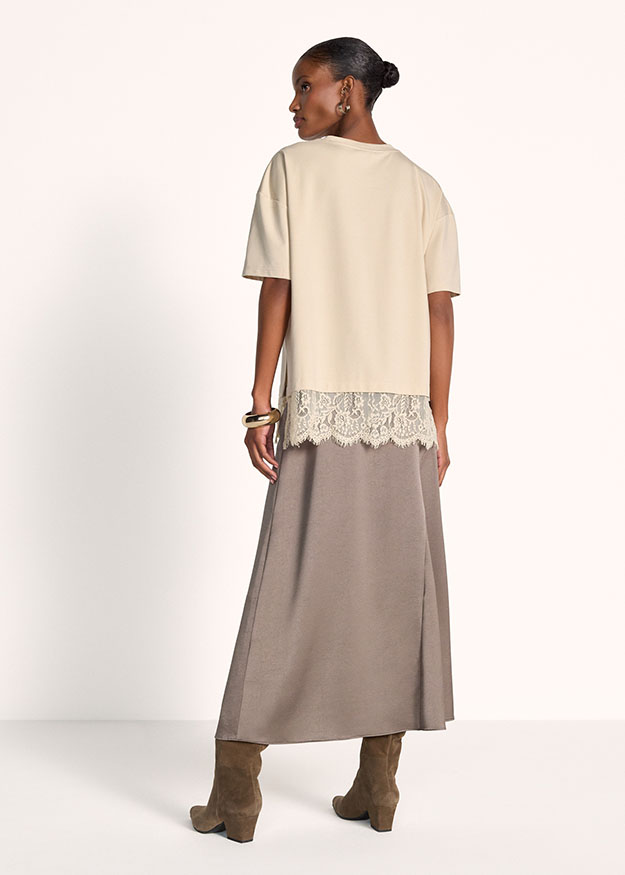 T-Shirt, Spitzenborte, Beige, Oversized, Kurzarm