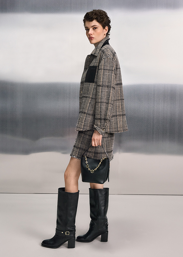 kariert, Mantel, Jacke, Kniehoge Stiefel, Handtasche