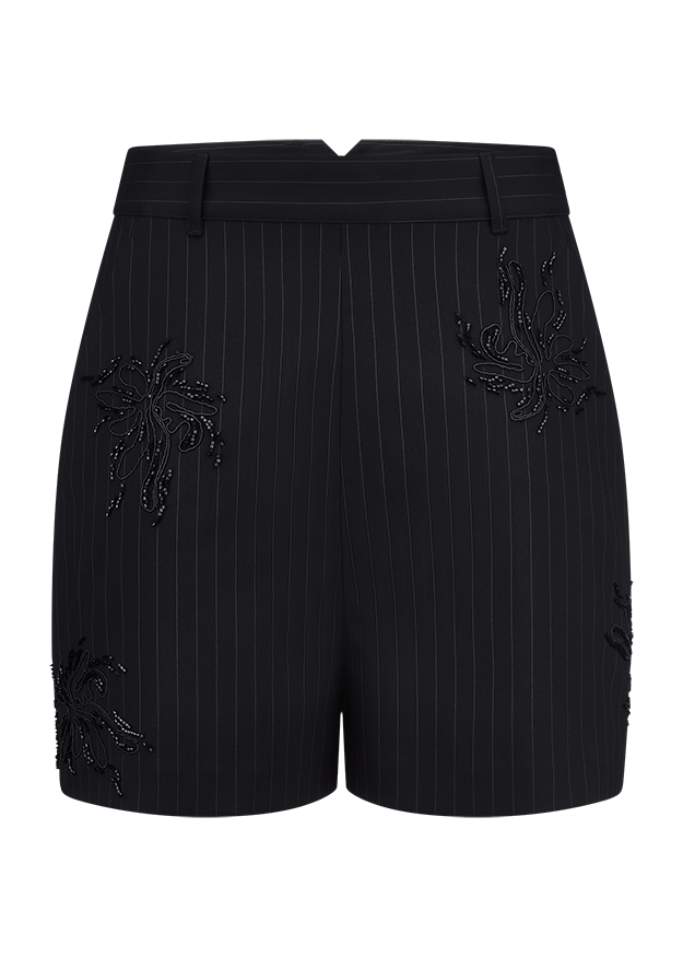Schwarze Shorts, Nadelstreifen, Paillettenstickerei, Hoher Bund, Gürtelschlaufen