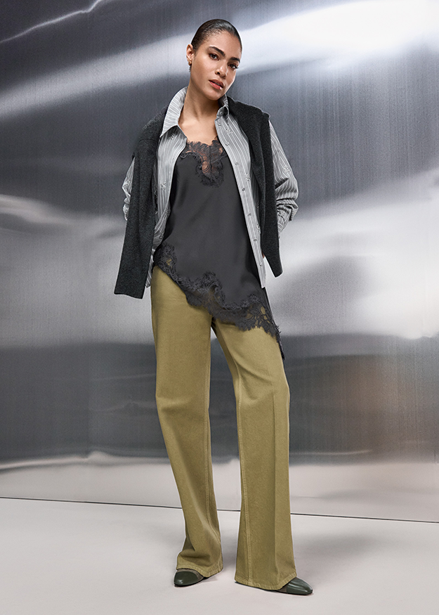 outfit, Spitze, Seide?, Weite Bein?, Schichtlook