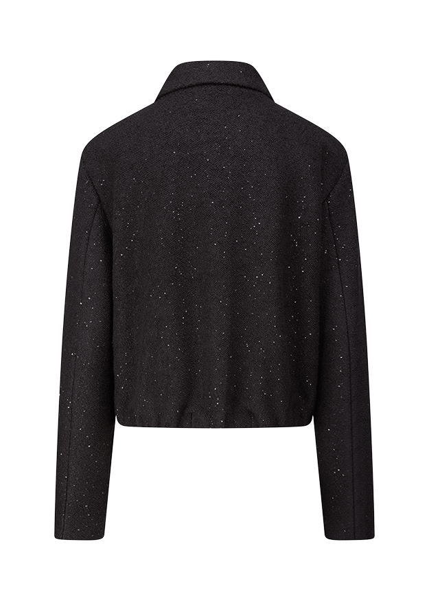 schwarze jacke, gesprenkelte muster, lange arme, kragen, kurze rückenansicht