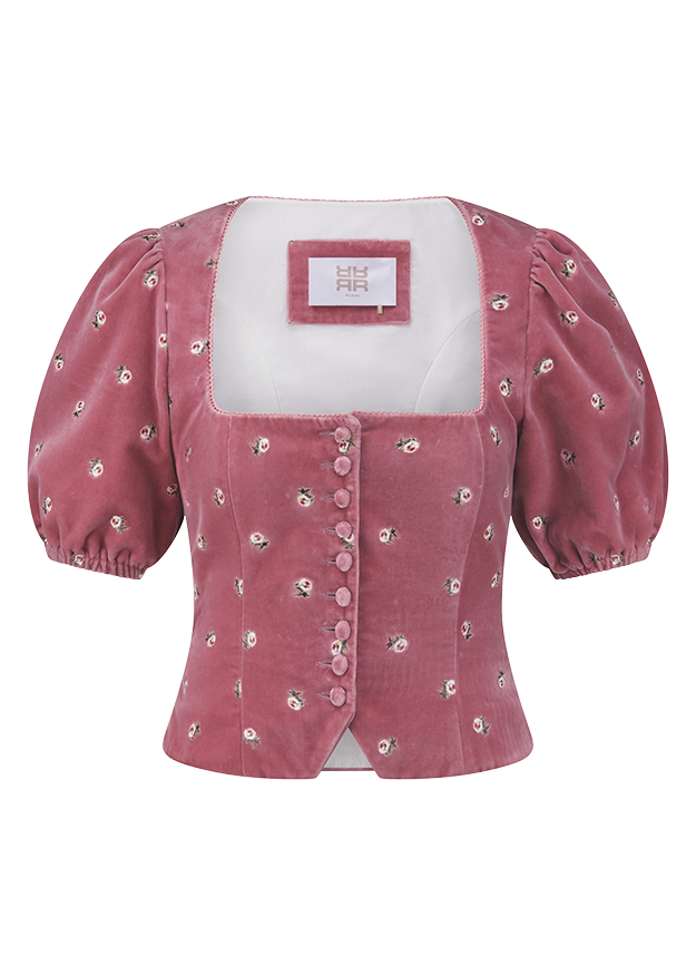 Puff-Top, Spitze-Top, Blusen-Top, Jacquard-Stoff, Knopfleiste