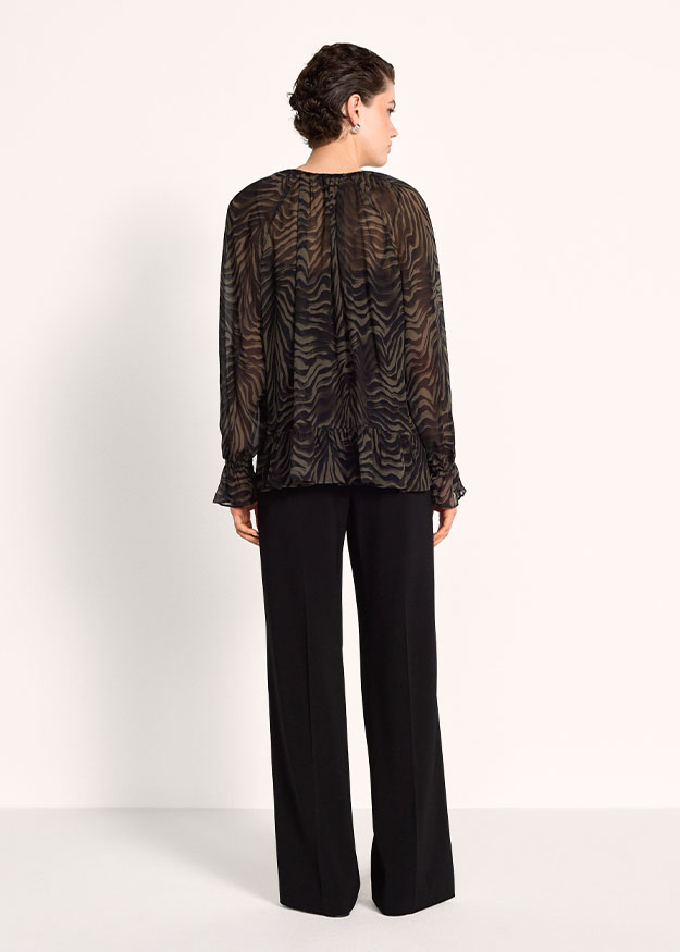 Bluse, Transparenz, Tierprint, Schwarz, Görtel-Top