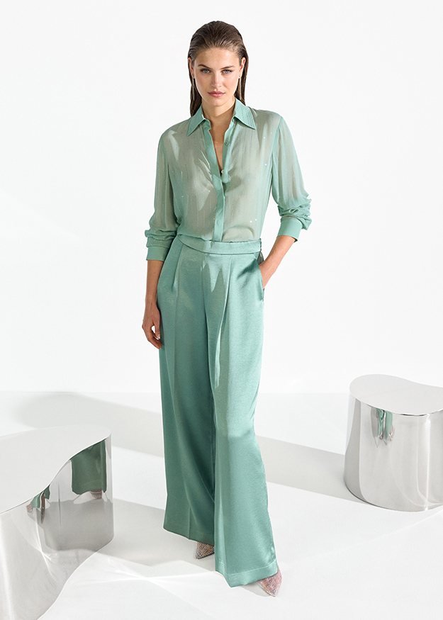 Hose, Hosenanzug, Satin, Mintgrün, Kragenbluse