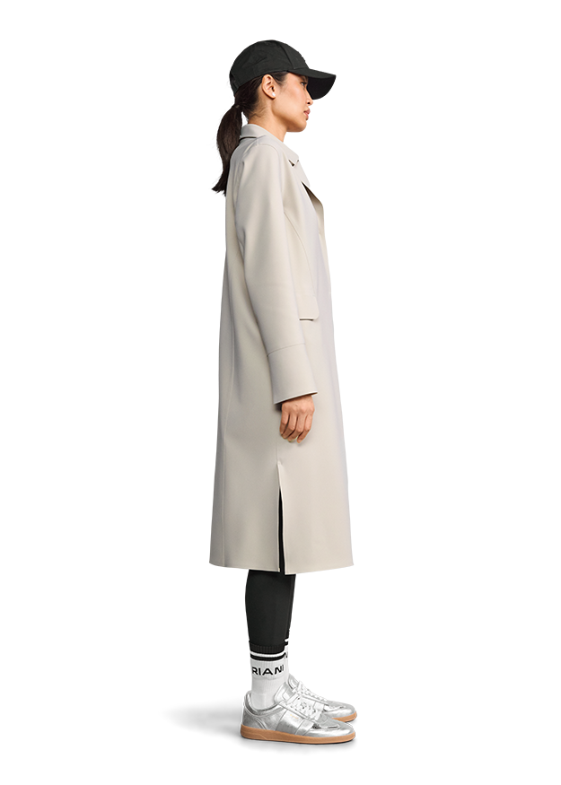 Trenchcoat, Längerer Mantel, Beige, Seitenprofil, Schlitz
