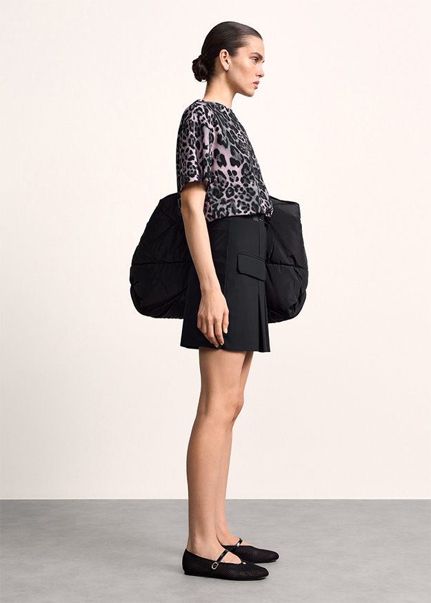 Leopardenmuster, T-Shirt, Top, Schwarz, Schultertasche