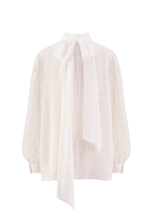 Damenbluse, Cremeweiß, Jacquardmuster, Schluppenkragen, Puffärmel