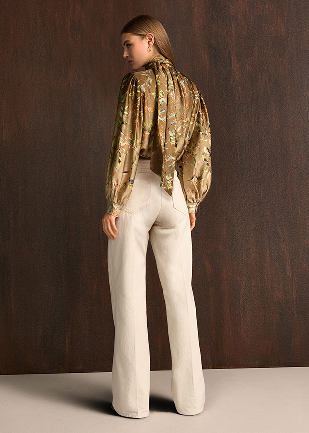 Bluse, Blumenmuster, Volant-Bluse, Ballonärmel, Glänzendes Satin