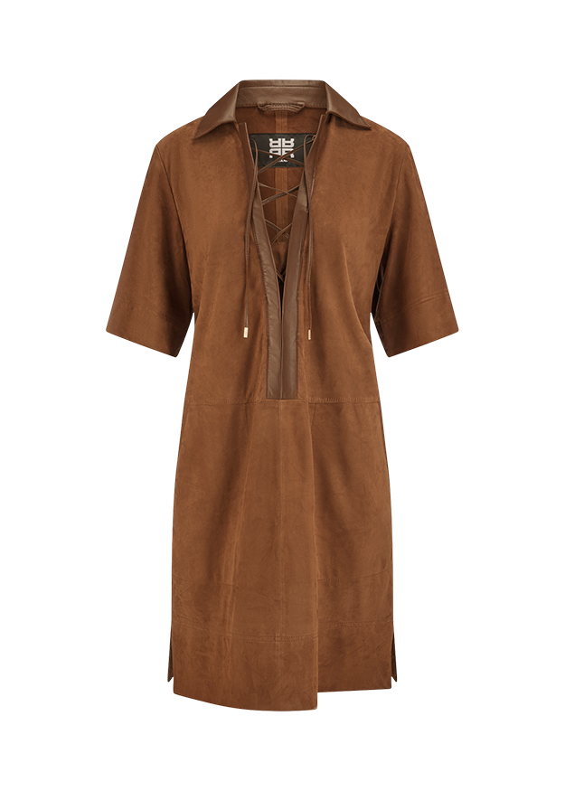 Hemdkleid, Lederlook, Kleid, Kurzärmlig, Lace-up
