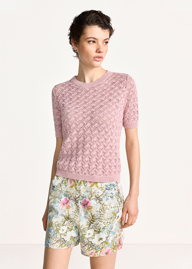 Pullover, Rundhals, Zopfmuster, Kurzarm, Rosa