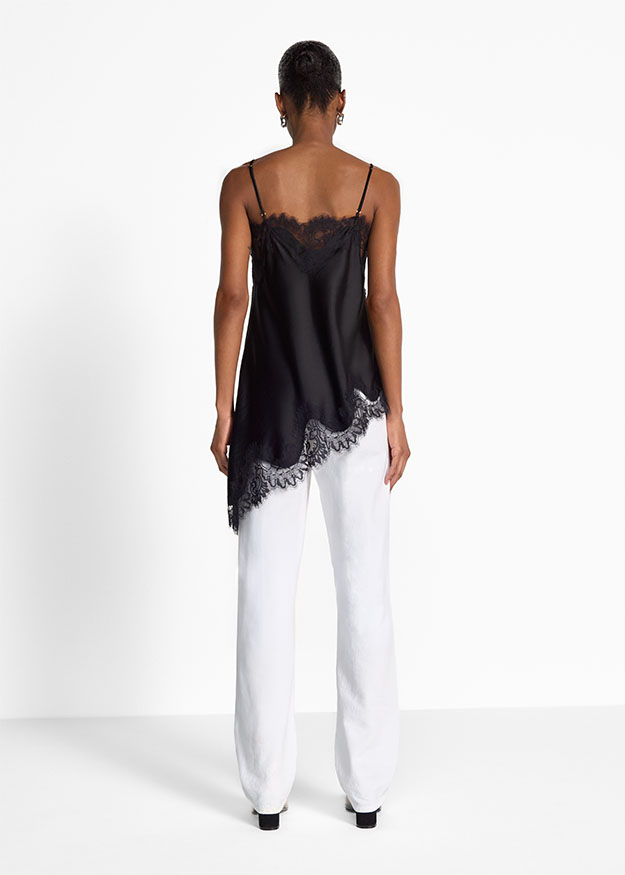 Spaghettiträgertop, Schwarz, Spitze, Asymmetrisch, Cami-Top