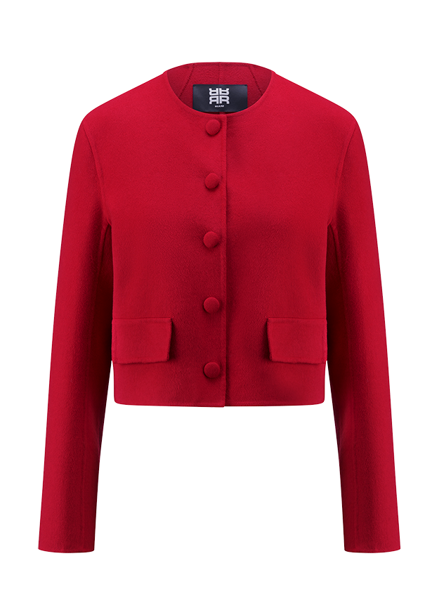 Kleidungsjacke, Rot, Knöpfe, Fronttaschen, Kragenlos