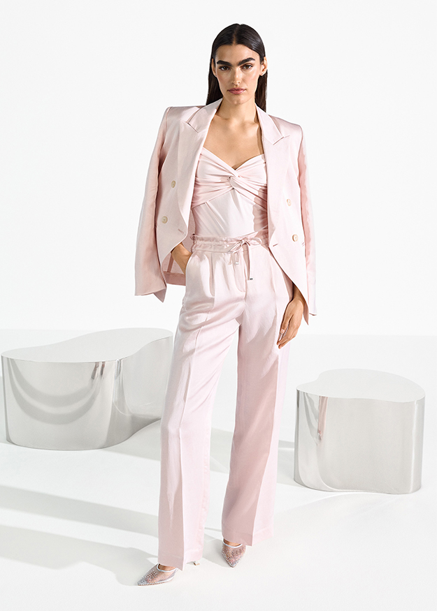 pink suit, pants, blazer, twist knot top, dressy outfit
