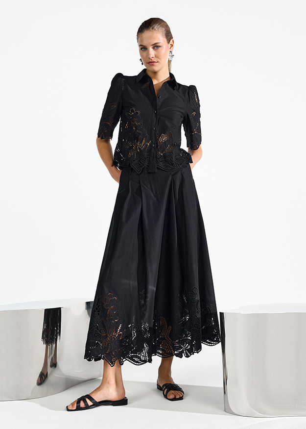 Kleid, Schwarz, Spitzenmuster, Midikleid, Knöpfe