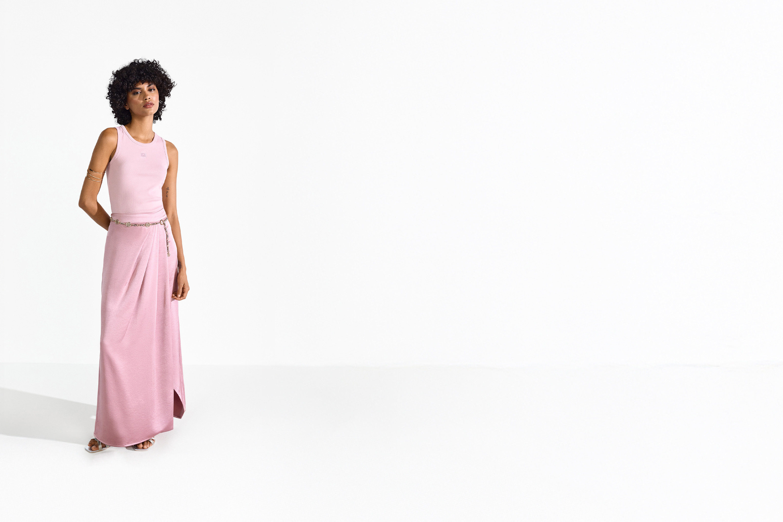 Pink top, Pink skirt, Long skirt, Sleeveless top, Chain belt