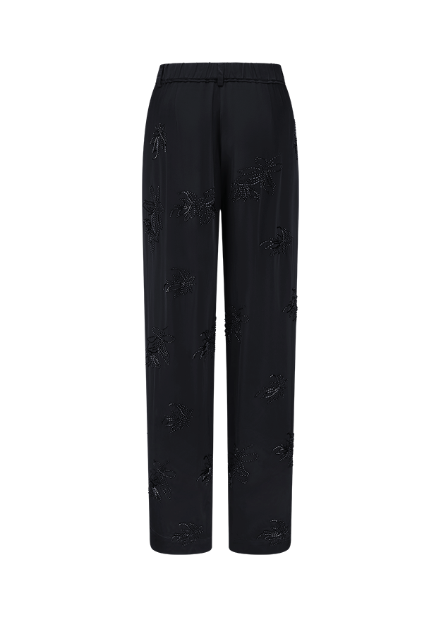 Schwarze Hose, weite Beine, elastischer Bund, Strassverzierung, Blumenmuster