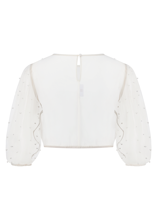 weißes crop-top, leichte Bluse, Puffärmel, Perlenbesatz, Rückenverschluss