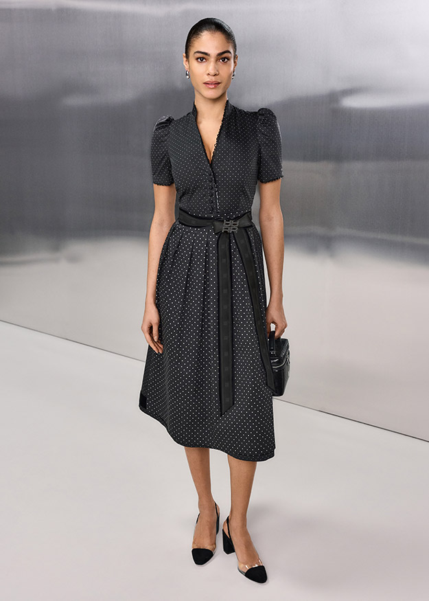 Damenkleid, Midikleid, Pünktchenmuster, Schwarz, Taillengürtel
