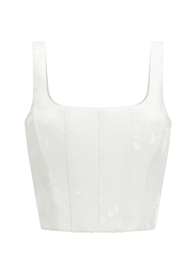 Crop top, Sequined, Weiß, Ärmellose, Panelierter Schnitt