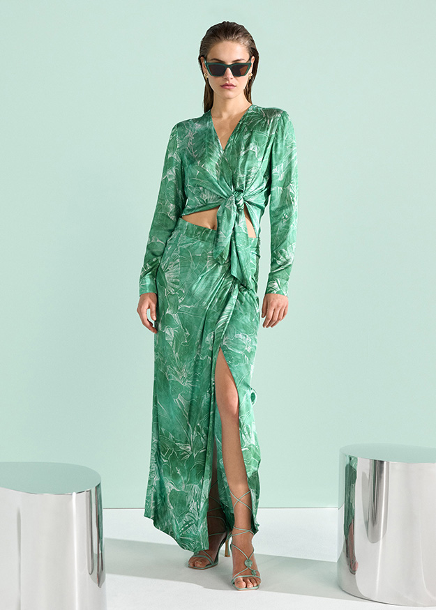 kleid, wrap-kleid, grünes muster, langarm, seite slit