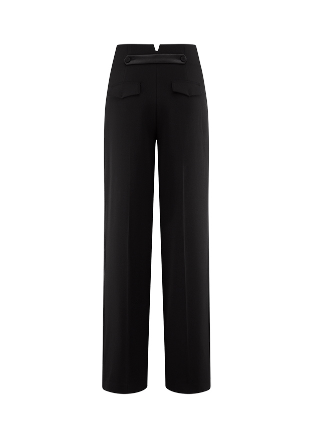schwarze Hose, weite Beine, Stoffhose, Knopfverschluss, Gesäßtaschen