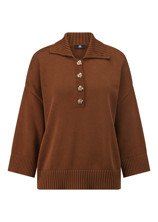 Pullover, Kragen, Knopfleiste, braun, mittellang