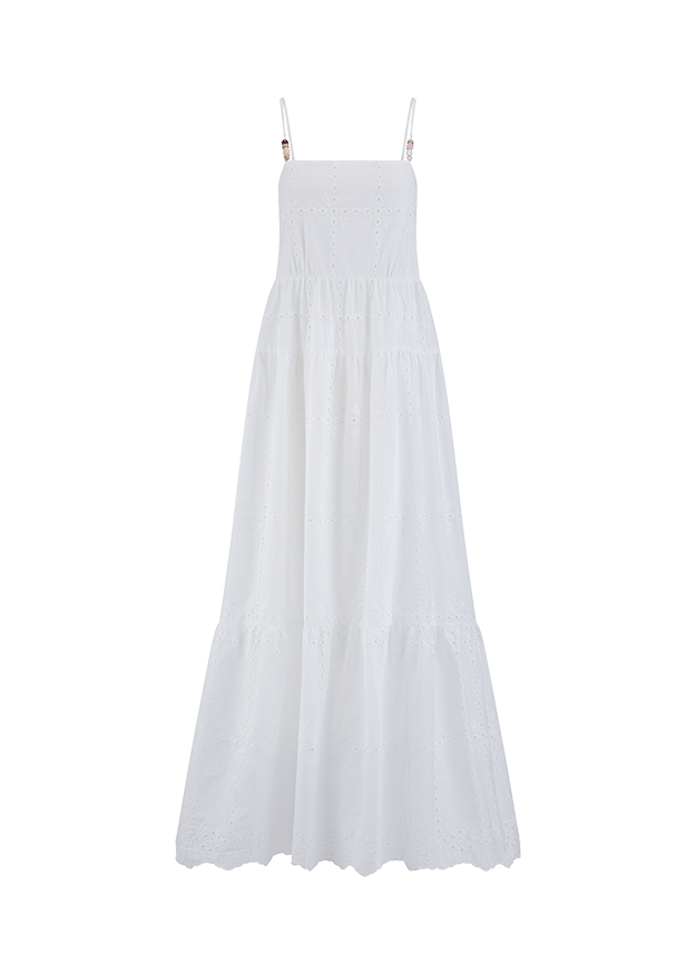 maxi Kleid, weißes Kleid, Spaghettiträger, Eyelet-Stoff, gestufter Rock