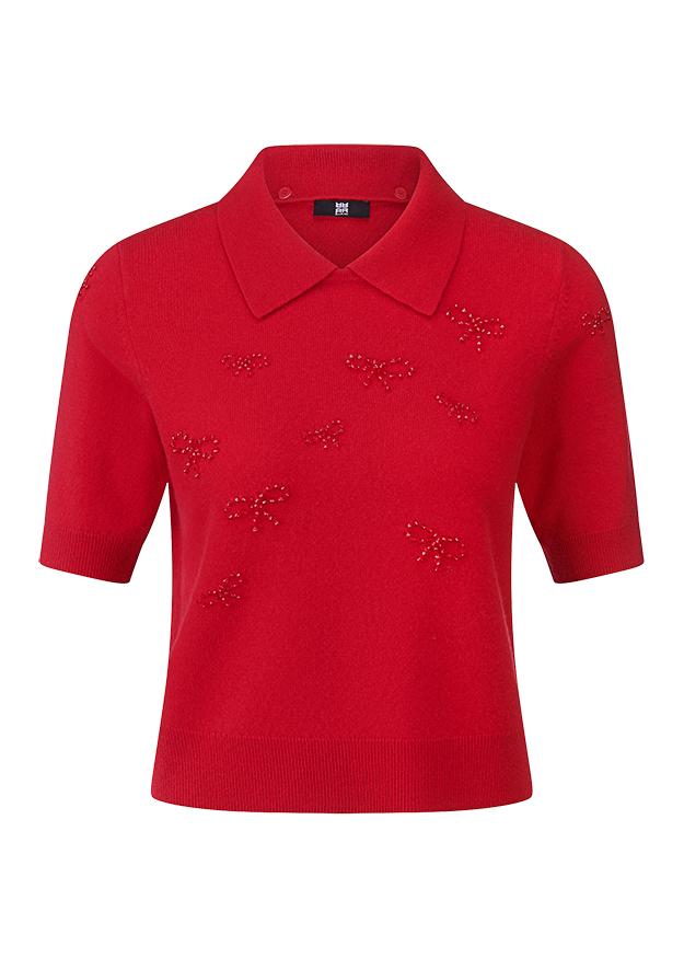 Strickshirt, Kurzarm, Polokragen, Rot, Perlenverzierung