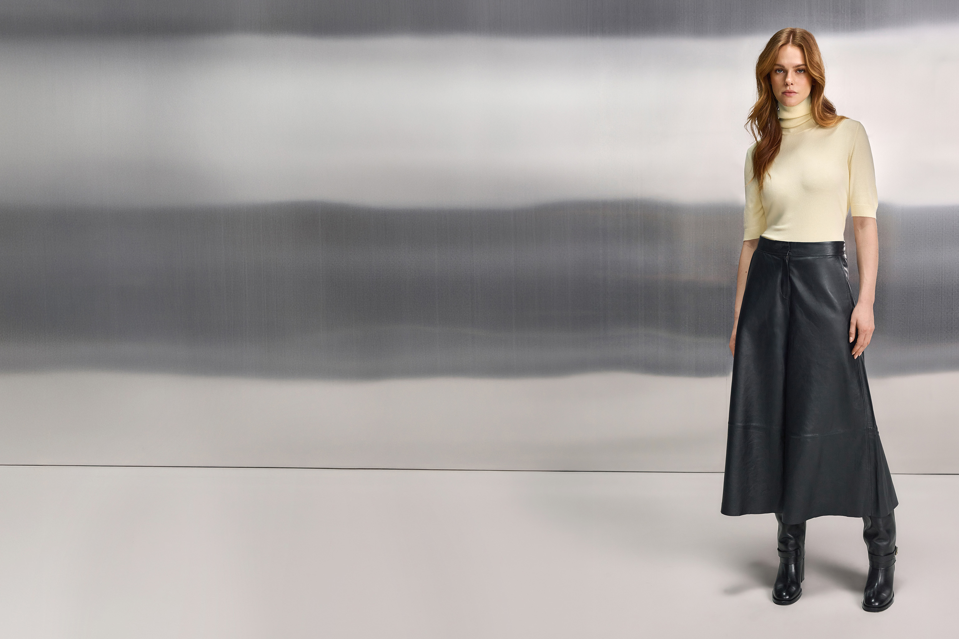 turtleneck, cream, knit, skirt, leather