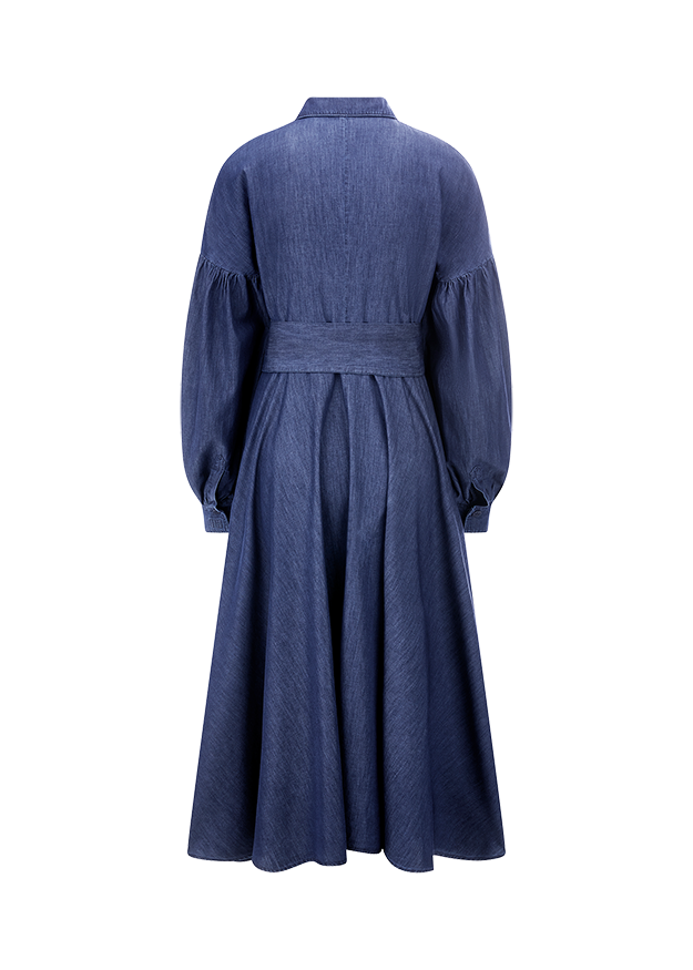 Cutout Round Neck Balloon Sleeve Denim Dress main image 1
